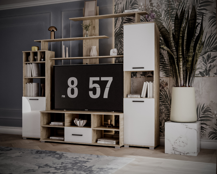 Set Living Geo , 247x45x210 cm, Stejar k002 /Acril Alb [2]