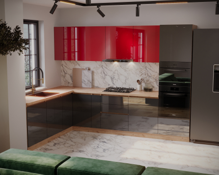 Bucatarii - Bucătărie Chelsea Colț V2 Roșu Antracit Stejar K003 221/300x60x200 cm