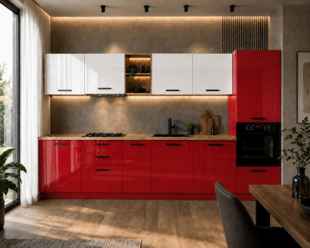MOBILIER BUCATARIE - Bucatarie Daria MDF V1 Alb lucios/Rosu 340x60x200cm
