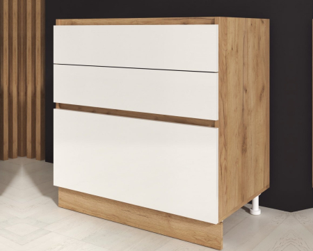 MOBILIER BUCATARIE - Corp inferior bucatarie Chelsea  3 sertare Stejar K003/Acril Alb 90x49x82 cm