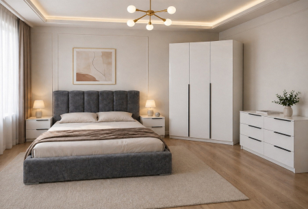 Dormitoare - Dormitor Prestige 3 Usi cu pat tapitat  Acril Alb