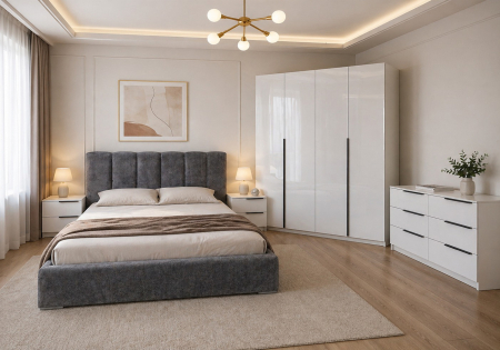 Dormitoare - Dormitor Prestige 4 Usi cu pat tapitat  Acril Alb