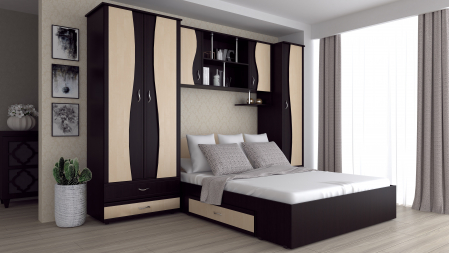 Dormitoare - Dormitor Complet 4 piese, 5 usi- Nova D2, Pal Melaminat ,Wenge Mesteacan-Set Mobilier Dormitor