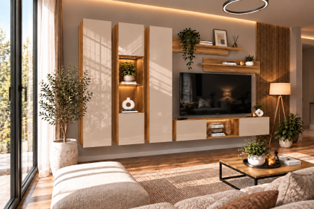 MOBILIER LIVING - Living MP3 Stejar K003 + Acril cappuccino, alb, negru, antracit K003+CAPPUCCINO