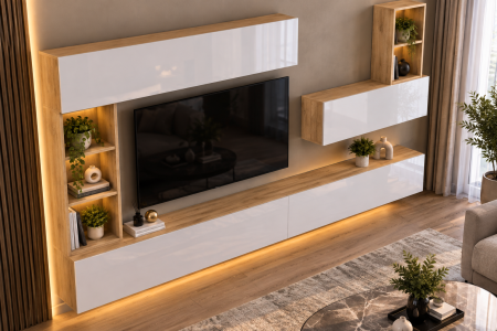 MOBILIER LIVING - Living MP4 Stejar K003 + Acril alb, Cappuccino, Negru K003+ALB