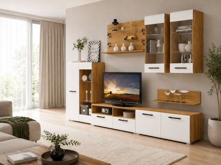 Living Nensi 3 Stejar Auriu Alb 280x47x200 cm