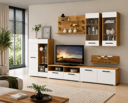 Living Nensi 3 Stejar Auriu Alb 280x47x200 cm