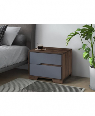 MOBILIER DORMITOR - Noptiera Nora cu 2 sertare, culoare Gri + Nuc, 60x45x47cm