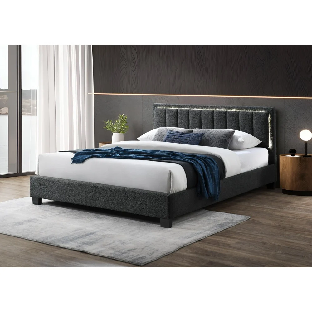 MOBILIER DORMITOR - Pat tapitat Comfort 1 cu LED, 140x200, cadru din lemn cu somiera fixa, culoare Gri