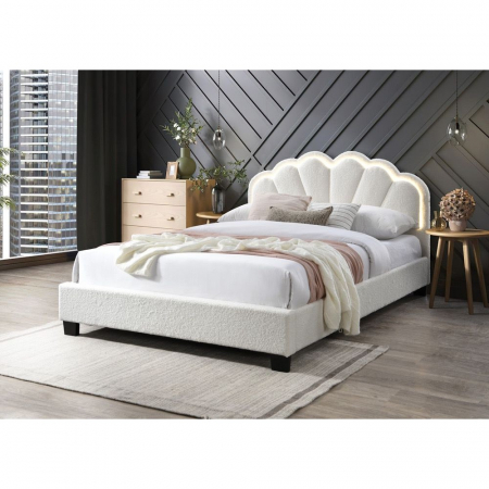 MOBILIER TAPITAT - Pat tapitat Comfort 2 cu LED, 140x200, cadru din lemn cu somiera fixa, culoare Crem