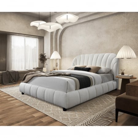 Paturi - Pat tapitat Milano cu bucle 140x200, cadru din lemn cu somiera fixa, culoare Crem