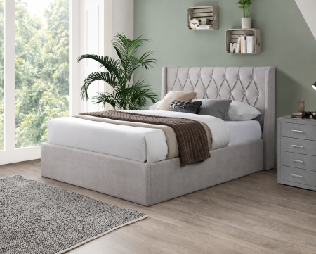 Paturi - Pat tapitat Prestige 1 cu somiera metalica rabatabila si spatiu de depozitare Crem 180x200 cm
