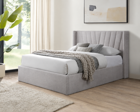 Paturi - Pat tapitat Prestige 2 Crem cu somiera metalica rabatabila si spatiu de depozitare 160x200 cm
