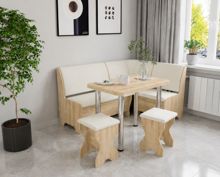 Coltare de Bucatarie - Set coltar bucatarie Tunis cu masa si 2 tabureti Stejar Aur Fildes