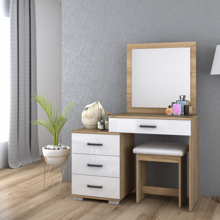 Set  Masa De Toaleta Anca Cu Taburet, 105x46x140 cm, Alb/Stejar [0]