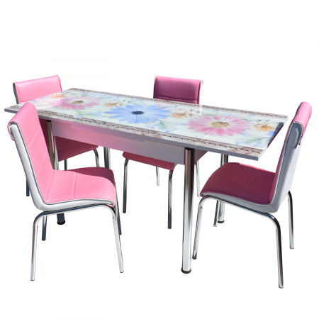 Mese - Set Masa Sticla 4 Scaune Nr57 Pembe Mavi Cicek