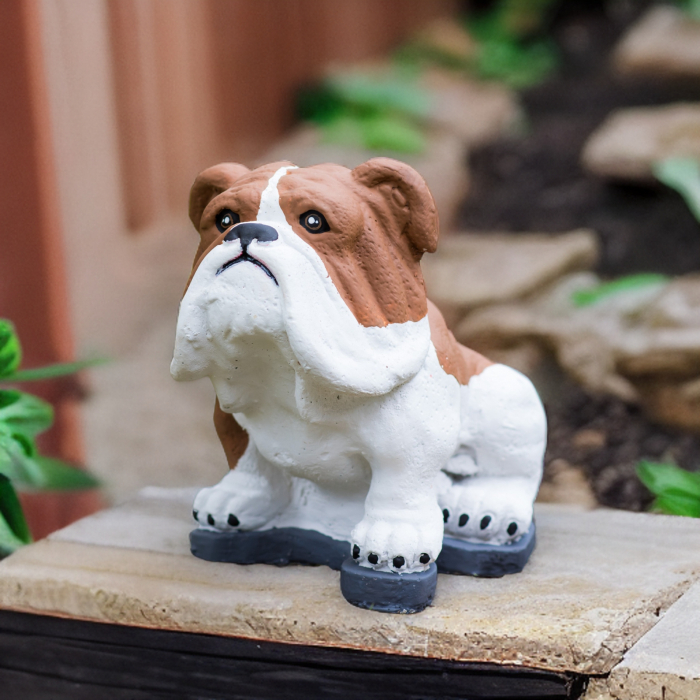 Bulldog din beton, alb-maro, decoratiune gradina, 23x28x17cm [2]