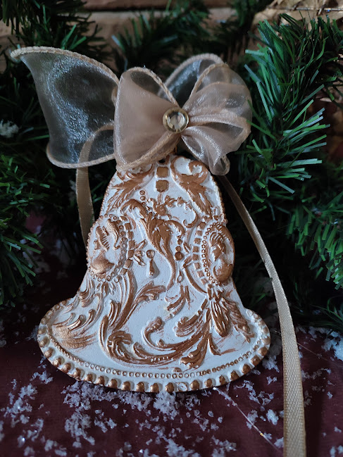 Clopoțel decorativ Crăciun handmade – ceramică 2D cu detalii aurii [2]