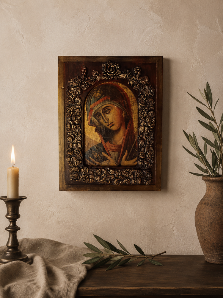 Icoană antichizată cu Fecioara Maria – ramă decorată în relief [1]