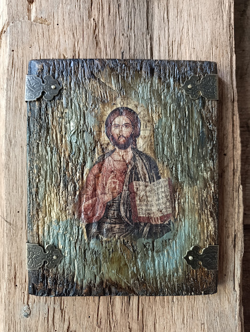 Icoană unicat pe lemn – Iisus Hristos, pânză veche antichizată [2]