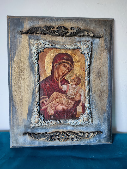 Icoană handmade Fecioara Maria cu Pruncul – decupaj pe lemn cu ramă vintage [2]