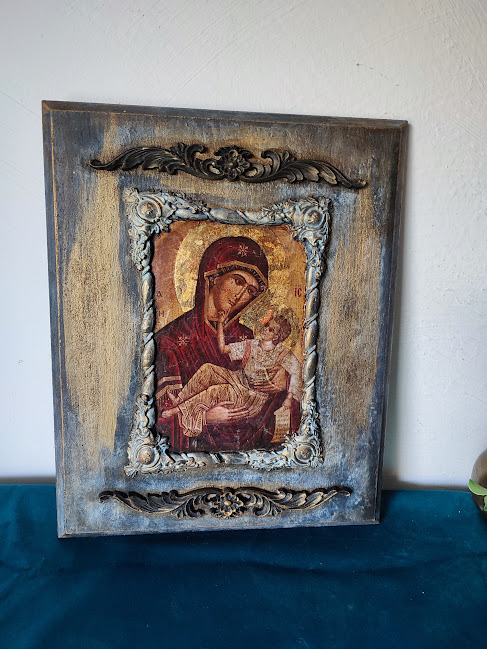 Icoană handmade Fecioara Maria cu Pruncul – decupaj pe lemn cu ramă vintage [1]