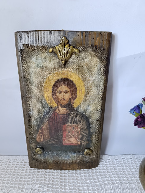 Hristos Pantocrator – Icoană pe lemn cu aspect vechi, pe pânză de iută [5]