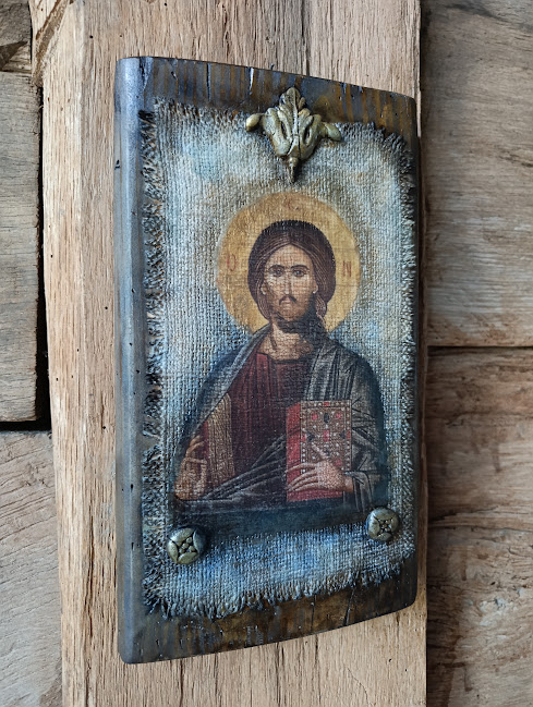 Hristos Pantocrator – Icoană pe lemn cu aspect vechi, pe pânză de iută [6]