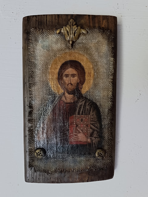 Hristos Pantocrator – Icoană pe lemn cu aspect vechi, pe pânză de iută [3]