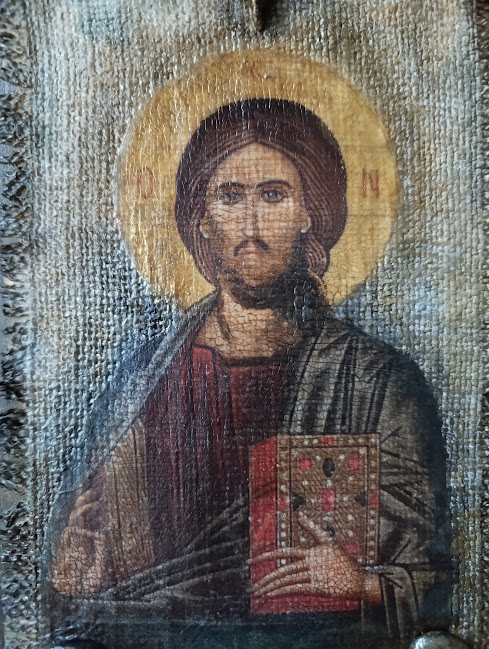 Hristos Pantocrator – Icoană pe lemn cu aspect vechi, pe pânză de iută [8]