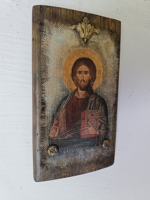 Hristos Pantocrator – Icoană pe lemn cu aspect vechi, pe pânză de iută [2]