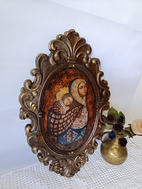 Icoană „Purtătoarea de Griji” – lemn sculptat, unicat, antichizată în tonuri sacre [3]