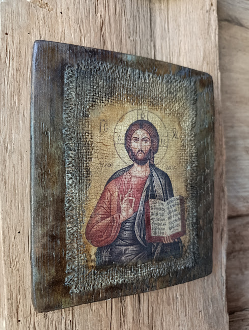 Icoană unicat pe lemn – Iisus Hristos, pânză veche antichizată [3]