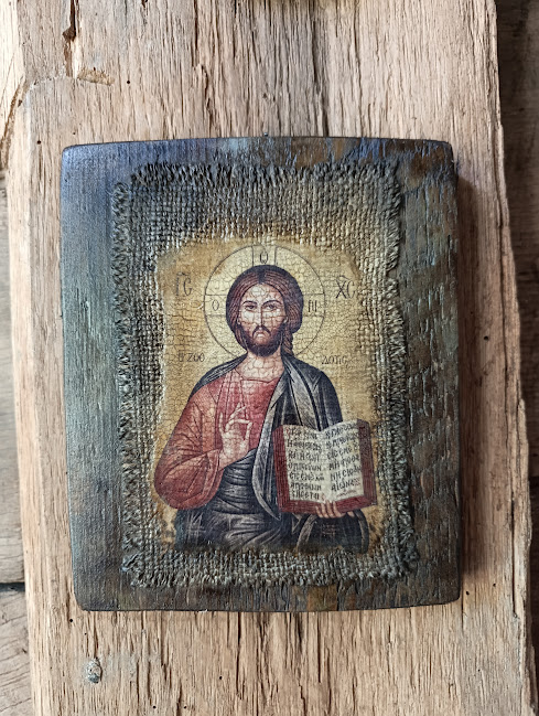Icoană unicat pe lemn – Iisus Hristos, pânză veche antichizată [4]
