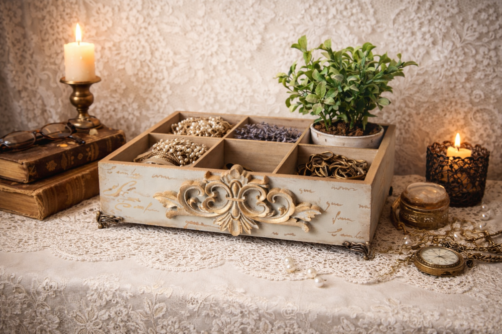 Organizator Vintage din Lemn cu 6 Compartimente și Detalii Sculptate [2]