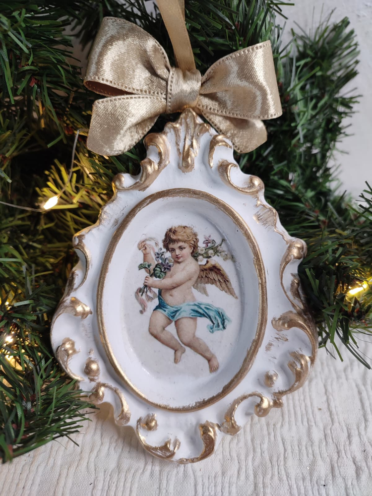 Ornament Crăciun handmade – înger vintage în ramă ceramică [2]