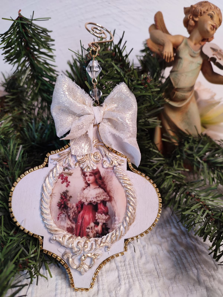 Ornament handmade Crăciun – Aripi de înger și doamnă vintage – decor spiritual față-verso [3]