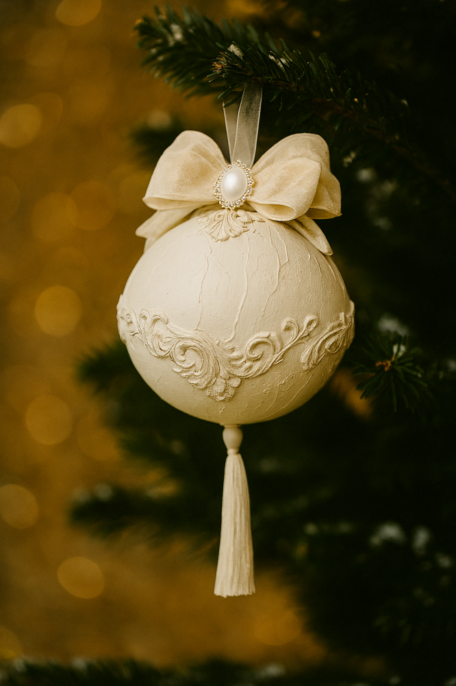 Ornament Regal pentru Brad – Alb Perlat cu Detalii în Relief [1]