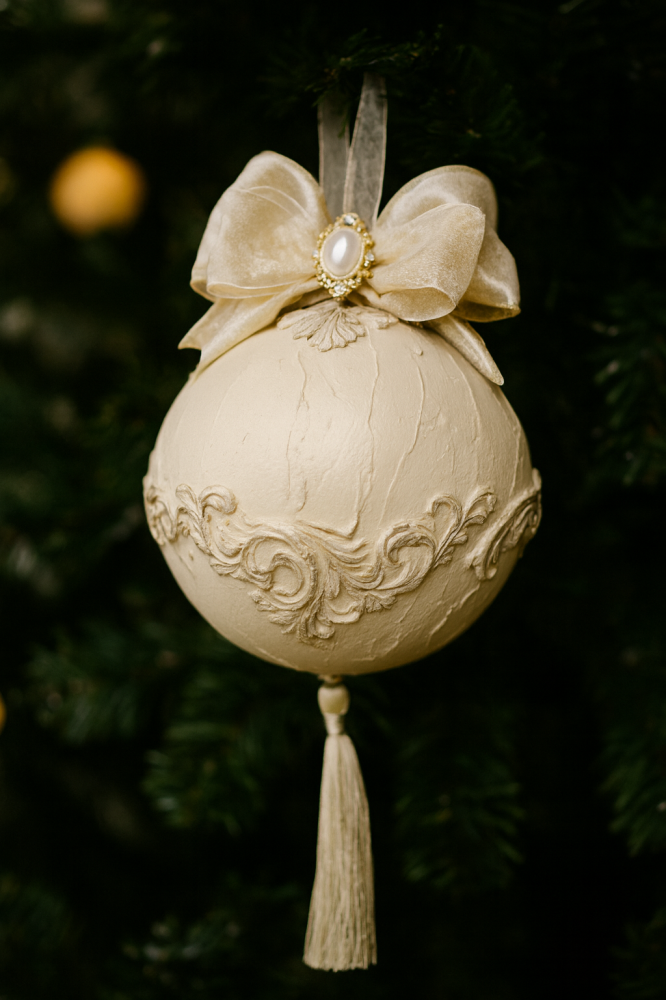 Ornament Regal pentru Brad – Alb Perlat cu Detalii în Relief [2]