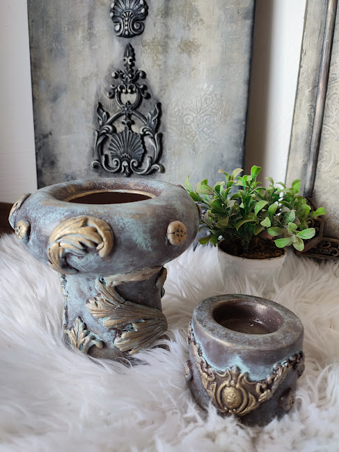 Vază Ceramică și Suport pentru Lumânare – Set Decorat în Stil Antic [1]