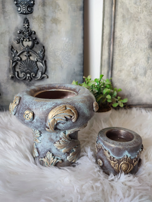Vază Ceramică și Suport pentru Lumânare – Set Decorat în Stil Antic [5]