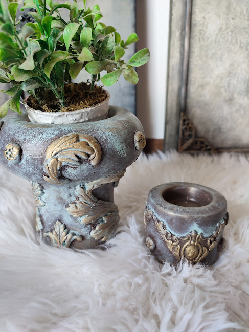 Vază Ceramică și Suport pentru Lumânare – Set Decorat în Stil Antic [6]