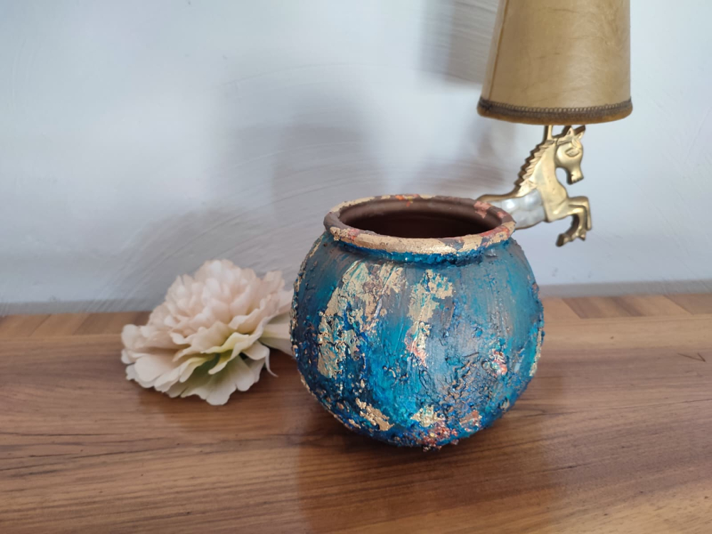„Vază ceramică unicat în nuanțe de albastru, cupru și aur – decorată manual [2]