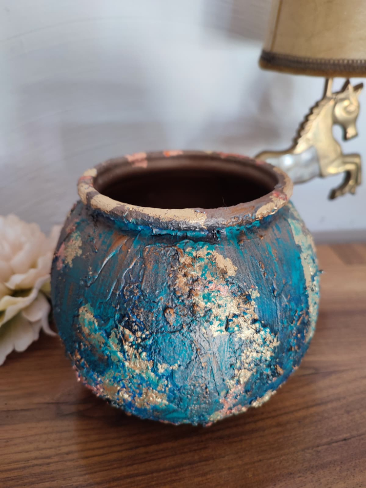 „Vază ceramică unicat în nuanțe de albastru, cupru și aur – decorată manual [5]