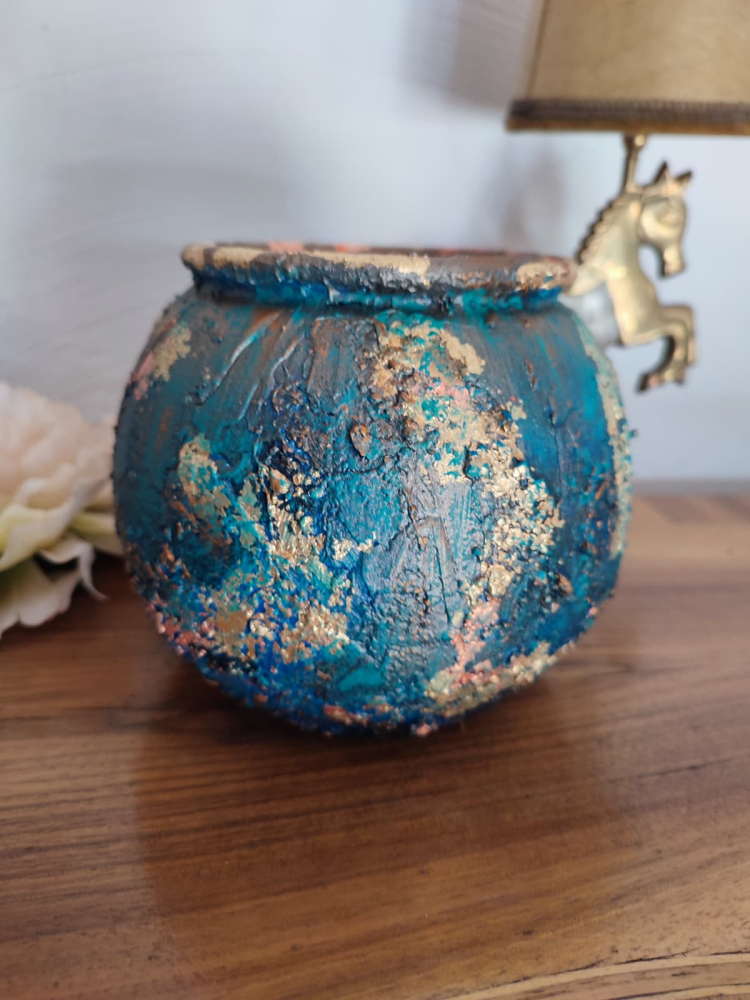 „Vază ceramică unicat în nuanțe de albastru, cupru și aur – decorată manual [4]