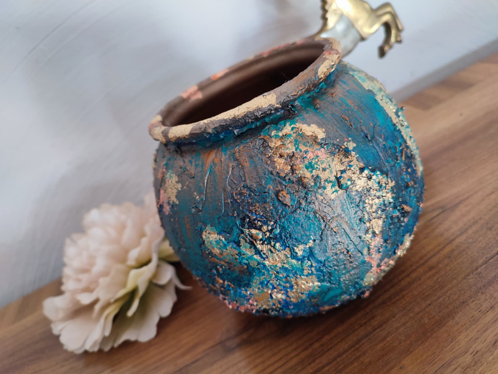 „Vază ceramică unicat în nuanțe de albastru, cupru și aur – decorată manual [3]
