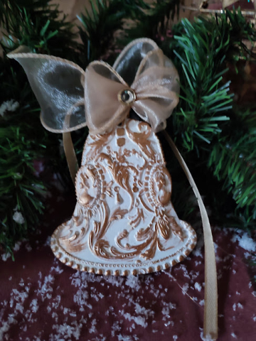 Clopoțel decorativ Crăciun handmade – ceramică 2D cu detalii aurii [2]
