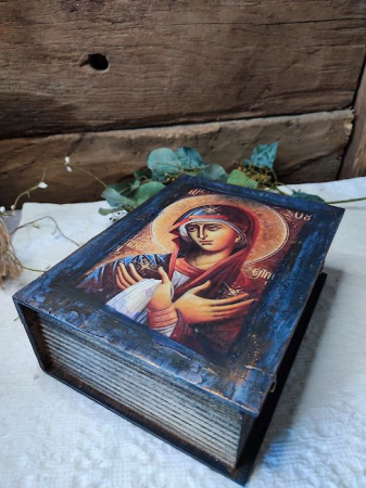 Cutie din Lemn Model Carte, Decorată cu Imaginea Maicii Domnului [3]