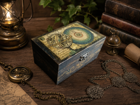 Decoratiuni steampunk/industrial - Casetă din lemn cu hartă cosmică vintage – decor handmade