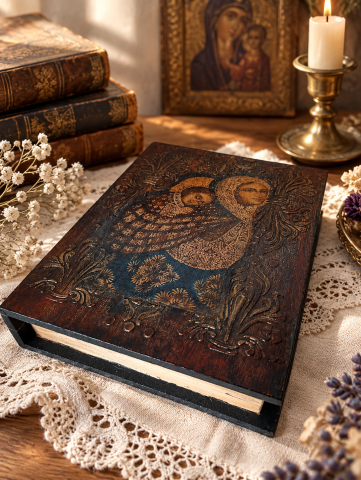 Icoane și Decor Rustic – Unicate din Lemn și Piatră - Cutie tip carte – Maica Domnului Purtătoarea de Griji